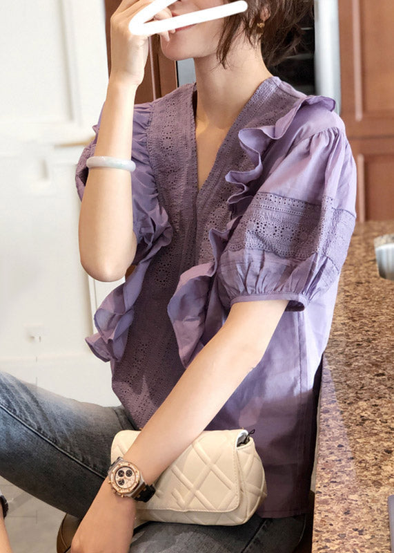 Purple V Neck Ruffled Patchwork Cotton Tops Lantern Sleeve