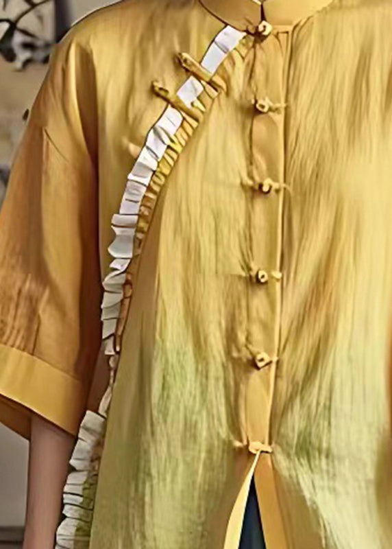 Yellow Ruffled Chinese Button Linen Shirt Summer