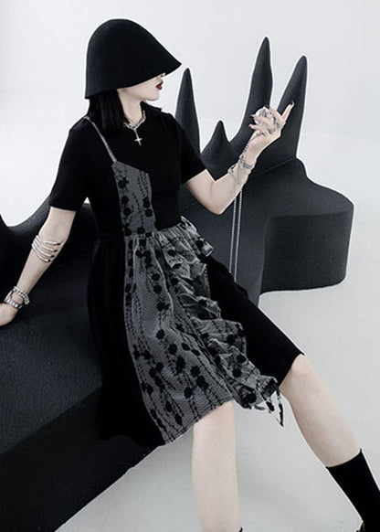 French Black O-neck Asymmetrical Design Patchwork Ruffles Cotton Fake Two Pieces Pleated Dresses Summer
