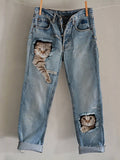 Comstylish Lovely Cats Frayed Crack Washed Jeans