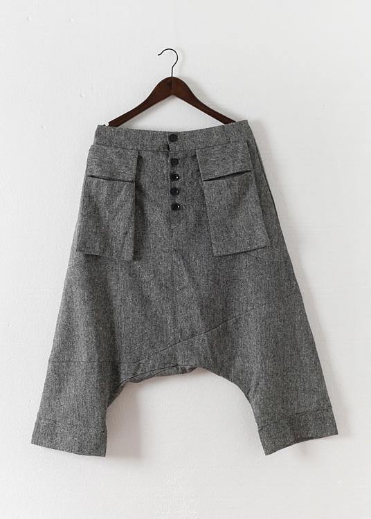 Grey Asymmetrical Design Pockets Cotton Crop Pants