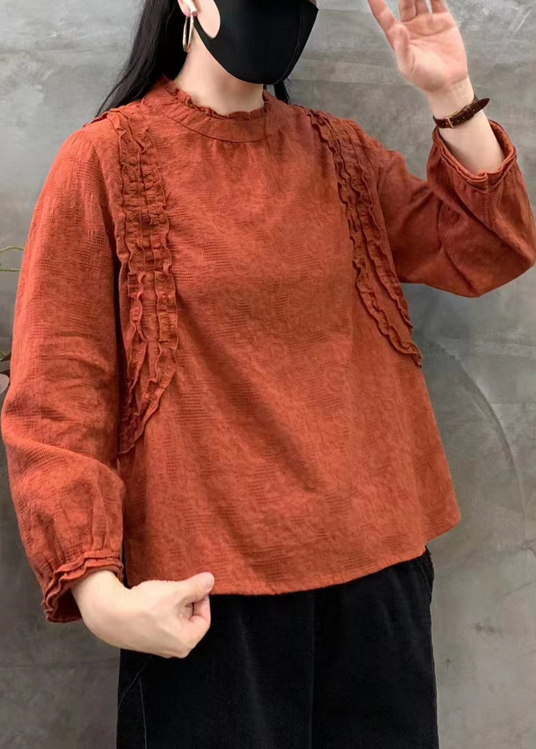 Orange O-neck Ruffled Patchwork Cotton Tops Fall