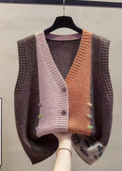 Colorblock V Neck Patchwork Knit Vests Spring