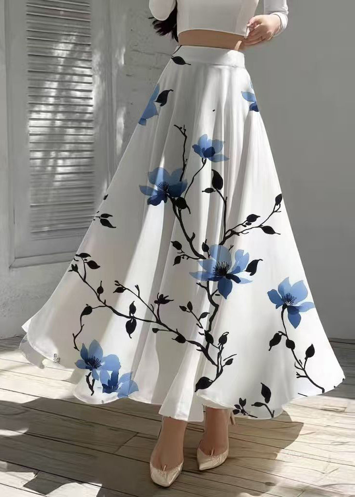 White High Waist Print Chiffon Tea Skirts Summer