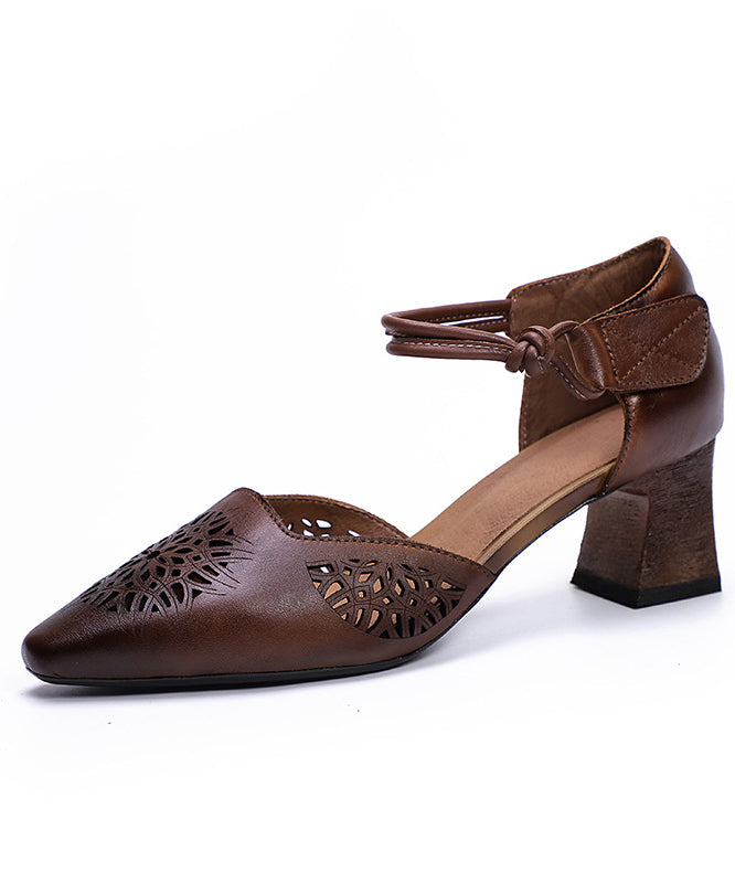 Coffee Splicing Hollow Out Lace Up Chunky Cowhide Leather Sandals