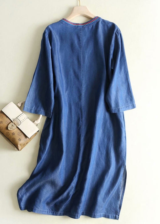 Blue Embroidered Side Open Denim Dresses Summer