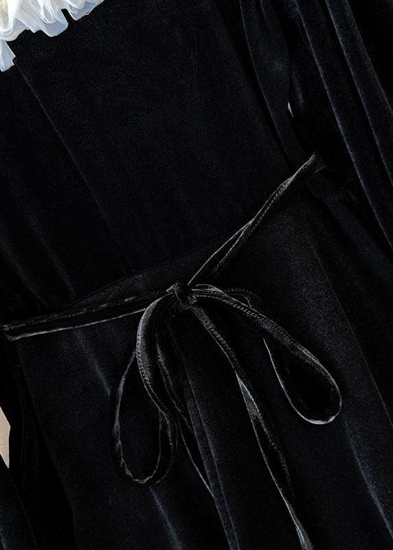 Fine Black O Neck Patchwork Ruffled Velour Mid Dress Spring