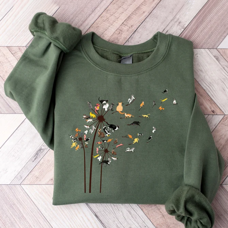 Cats Flower Fly Dandelion Art Print Crew Neck Casual Sweatshirt elevenforest