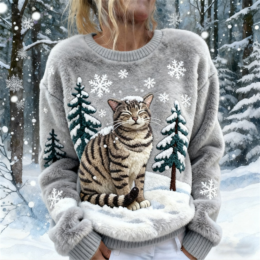 Comstylish Winter Snowflake & Cat Women's Flannel Sweatshirt