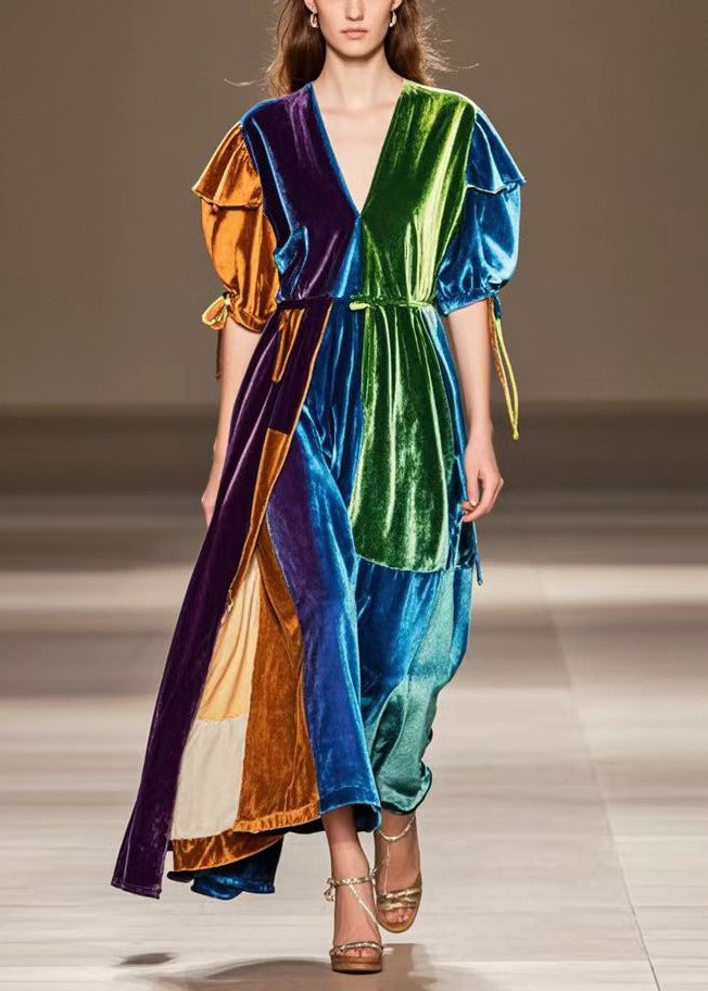 Original Design Puff Sleeve Patchwork Silk Velour Vacation Dresses Fall
