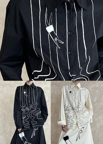 Black Cotton Shirt Tops Peter Pan Collar Graffiti Fall