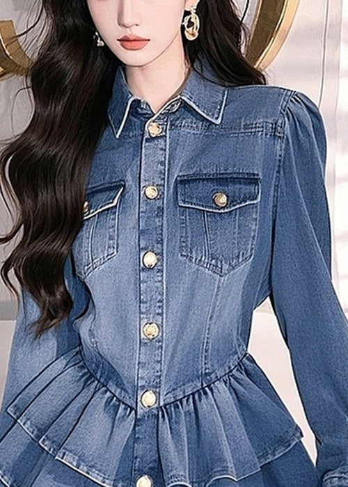 Original Design Blue Peter Pan Collar Button Denim Top Spring