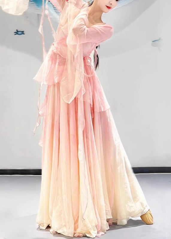Gradient Color Pink V Neck Silk Top and Maxi Skirts Two Pieces Set Flare Sleeve