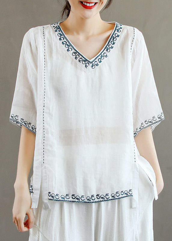 Stylish Purple V Neck Embroideried Linen T Shirt Half Sleeve