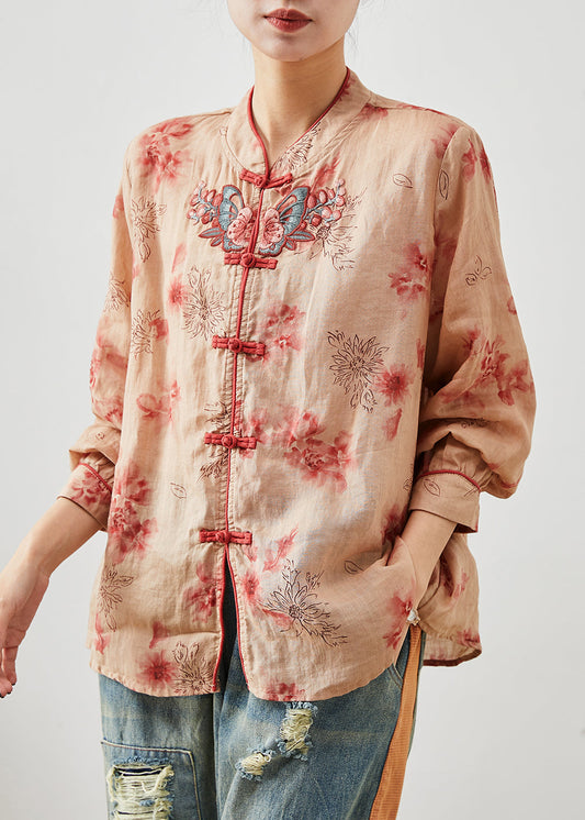 Orange Embroidered Print Linen Blouse Top Summer