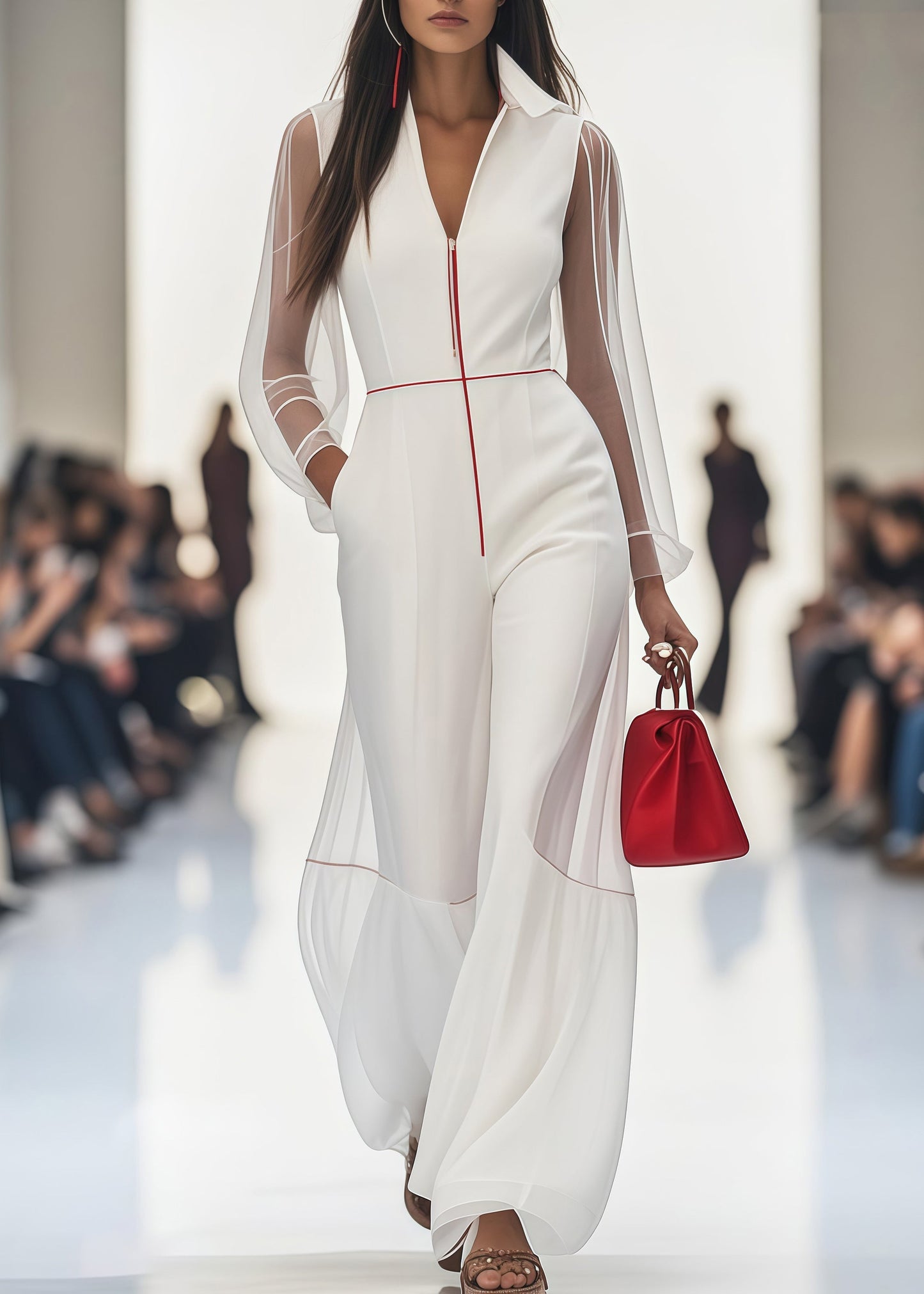 Stylish White V Neck Patchwork Tulle Chiffon Jumpsuit Summer