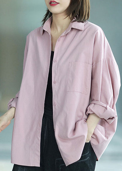Pink Peterpan Collar Button Pockets Fall Shirt Long Sleeve