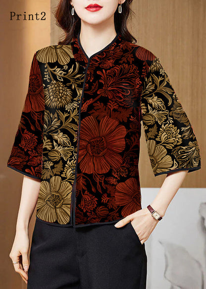White Geometry Mandarin Collar Print Silk Shirt Tops Half Sleeve