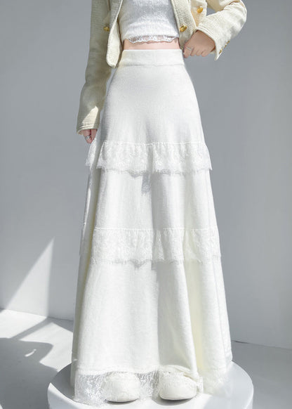 Apricot Lace Patchwork Knit Skirt Elastic Waist