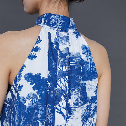 Modern Blue Cold Shoulder Print Cotton a Line Dress Summer