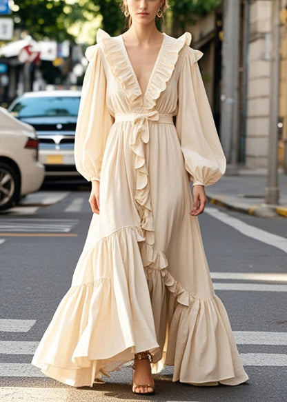 Champagne Color Ruffled Exra Large Hem Long Dress Fall