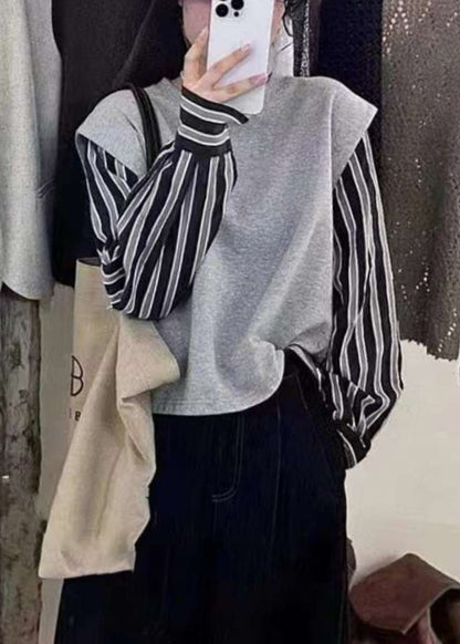 New Grey Fake Two Piece Spliced Stripe Top Autumn