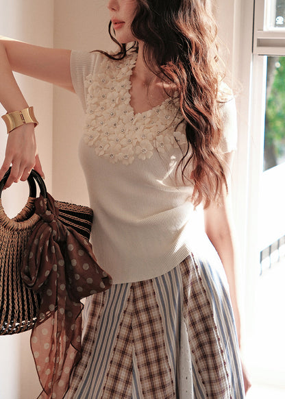 Art Beige V Neck Nail Bead Knit T Shirts Summer