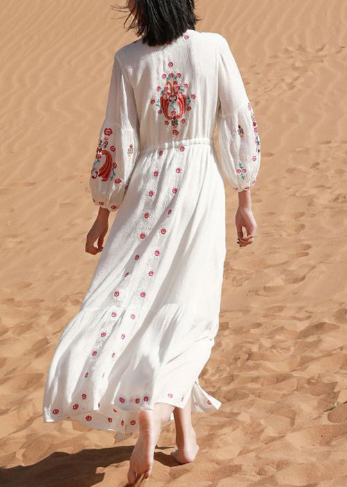 White V Neck Print Tie Waist Cotton Shirts Dresses Spring