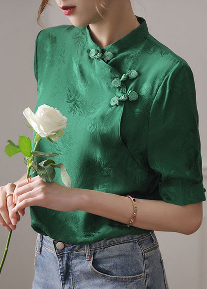 Green Mandarin Collar Jacquard Oriental Button Silk Shirt Tops Short Sleeve