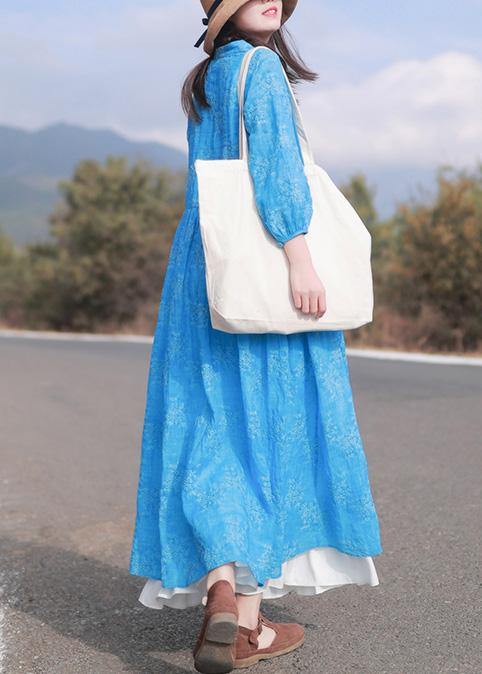 Vivid Stand Collar Cinched Spring Dresses Neckline Blue Embroidery Loose Dresses
