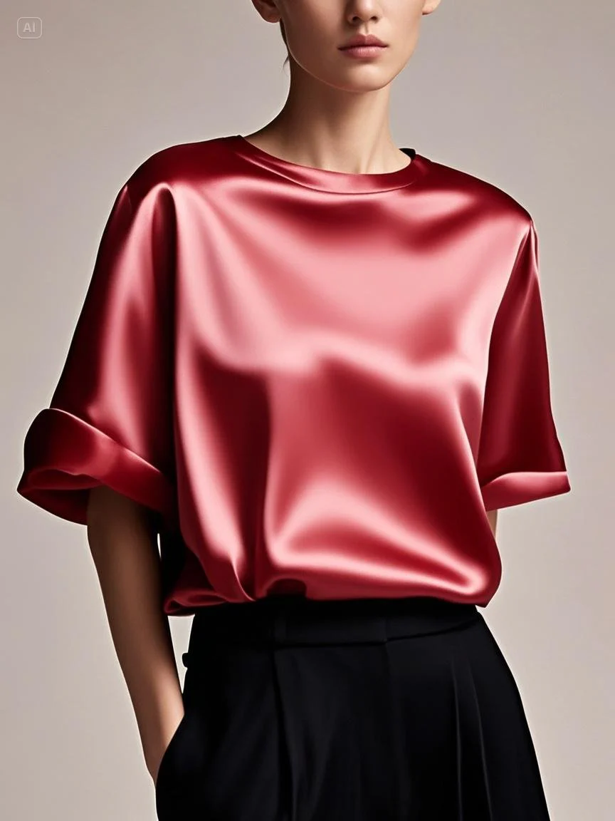 Fitted Pink Patchwork Silk Top Summer Short Sleeve
