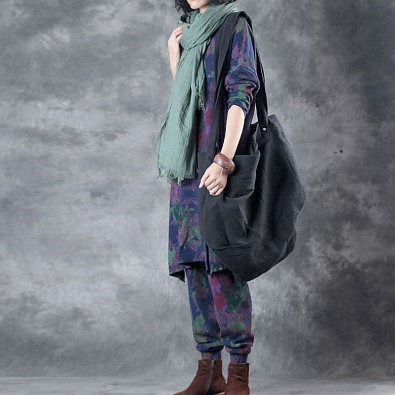 Blue Loose O-neck Side Open Fall Print Two Pieces Set Long Sleeve