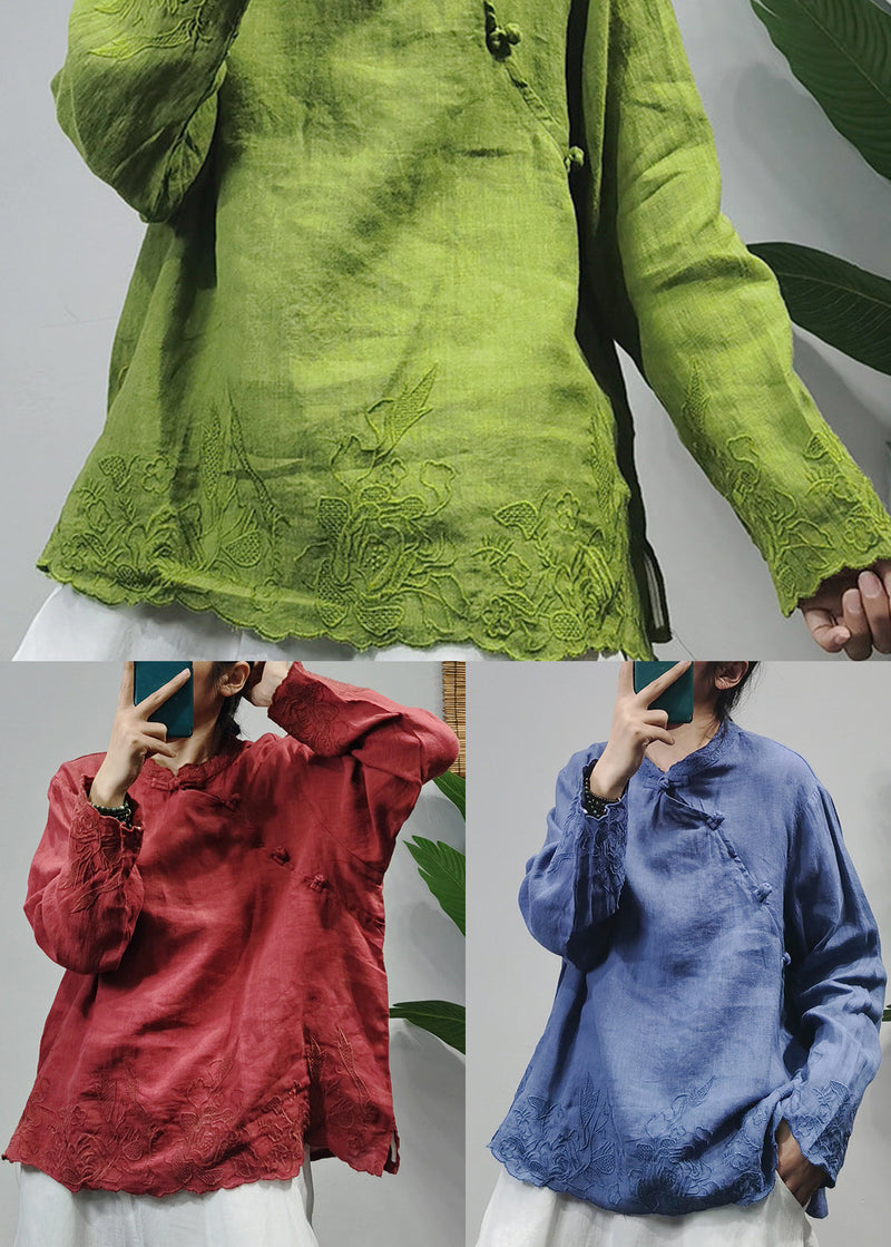 Red Stand Collar Linen Blouse Tops Long Sleeve