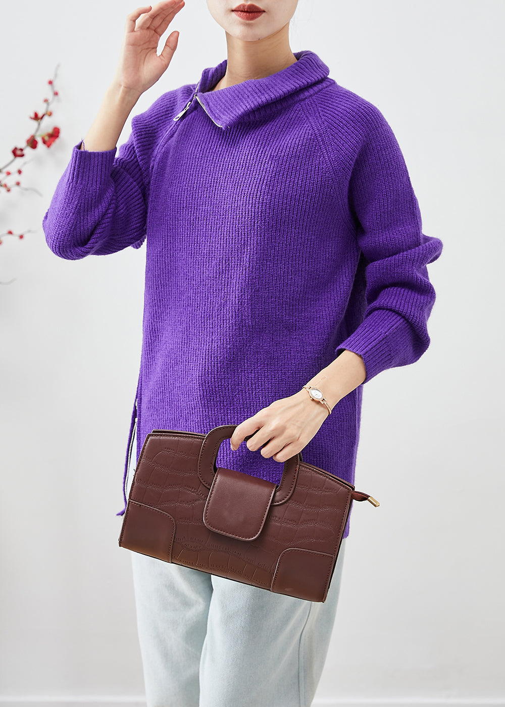 Purple Zip Up Thick Knit Short Sweater Winter