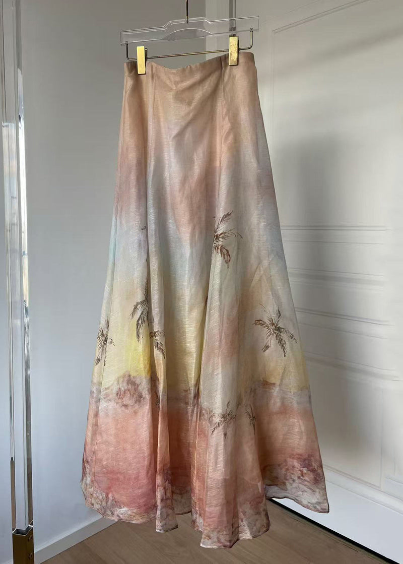 Boutique Print High Waist Linen Silk Maxi Skirts Summer