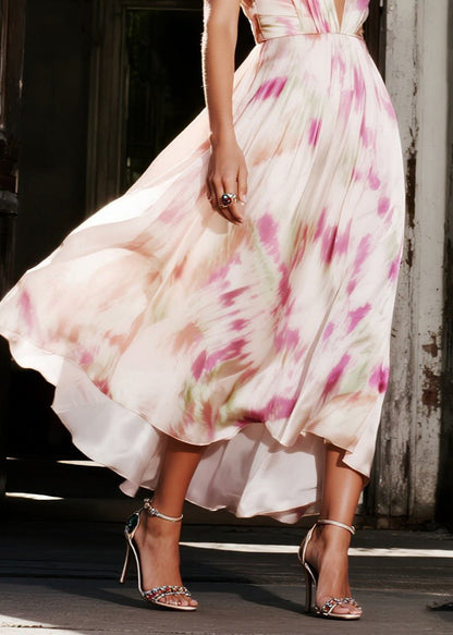 Pink Print Exra Large Hem Draping Silk Evening Dress Summer