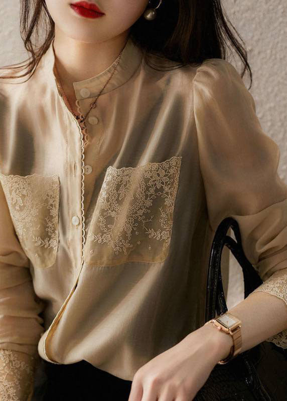 Apricot Stand Collar Button Lace Patchwork Chiffon Blouse Top Spring