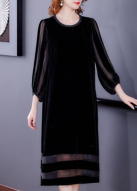 Black Oversized Patchwork Silk Velour Long Dresses Bracelet Sleeve