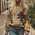Comstylish Farm Autumn Patchwork Floral Musical Notes Color-block Sweatshirt