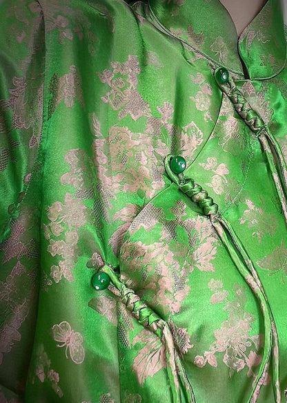 Chinese Style Green Button Stand Collar Jacquard Silk Coats Spring