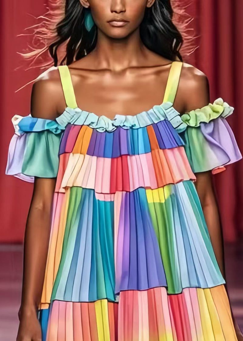Rainbow Tie Dye Wrinkled Chiffon Day Dress Summer