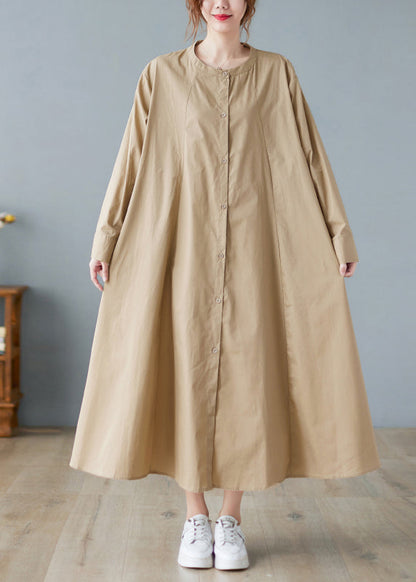 Loose Khaki O-neck Button Wrinkled Pocket Shirt Dresses Long Sleeve Fall