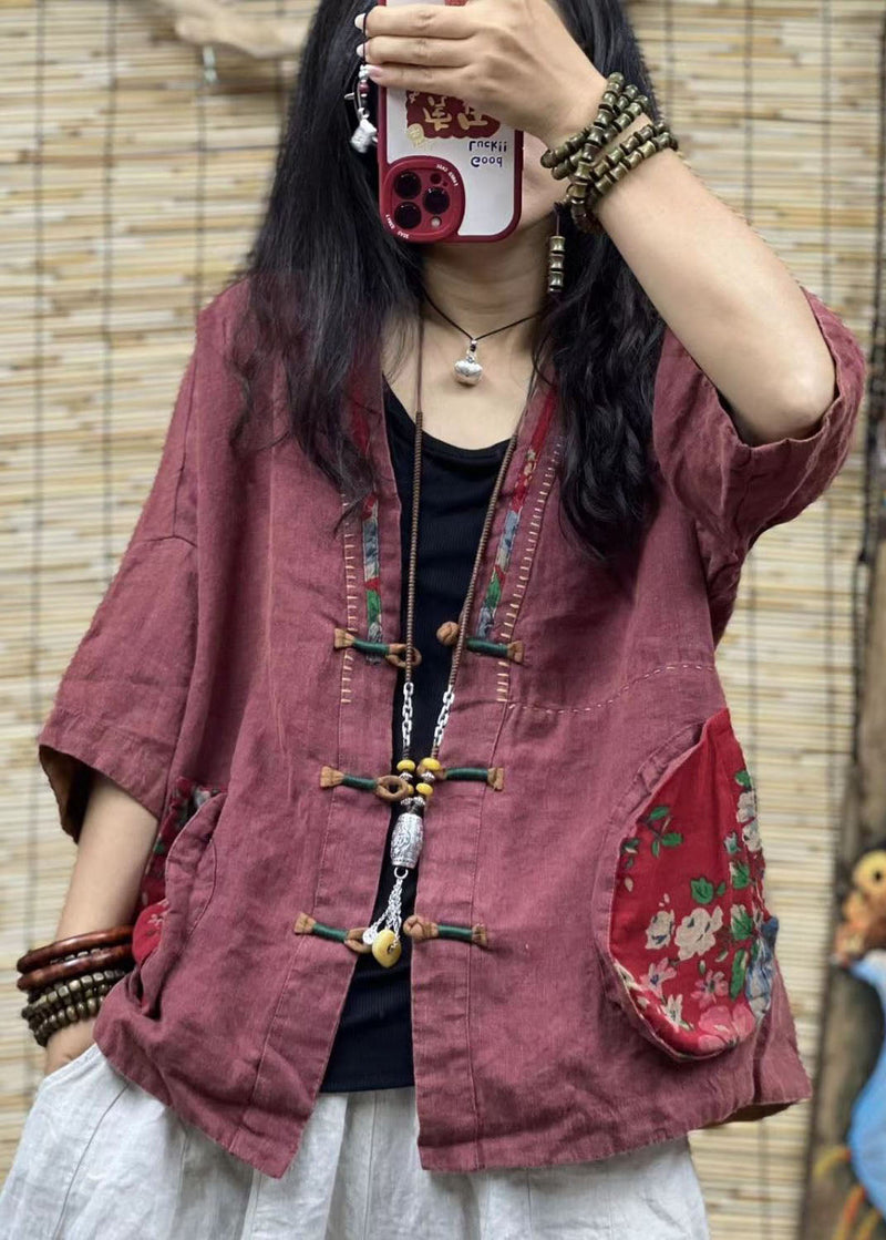 Black V Neck Pockets Chinese Button Patchwork Linen Coats Summer
