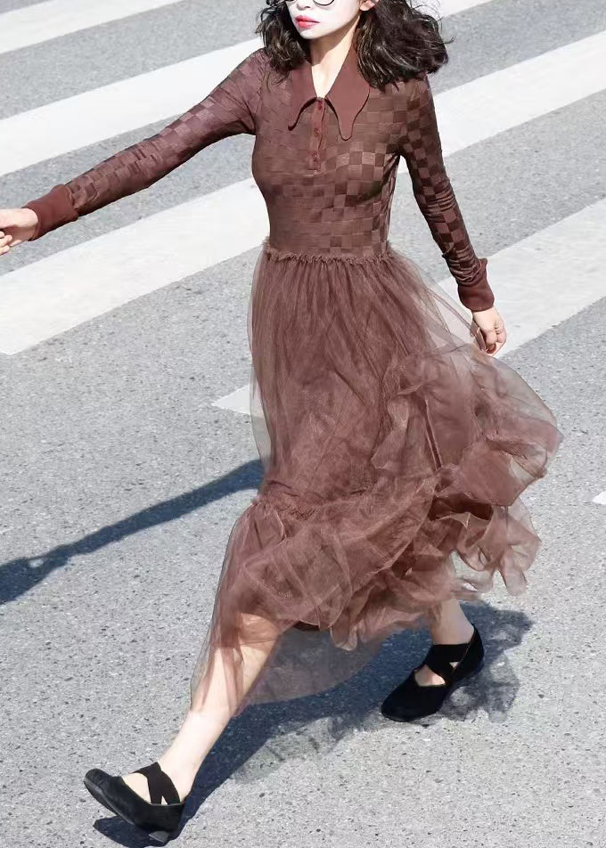 Brown Peter Pan Collar Tulle Patchwork Knit Dress Fall