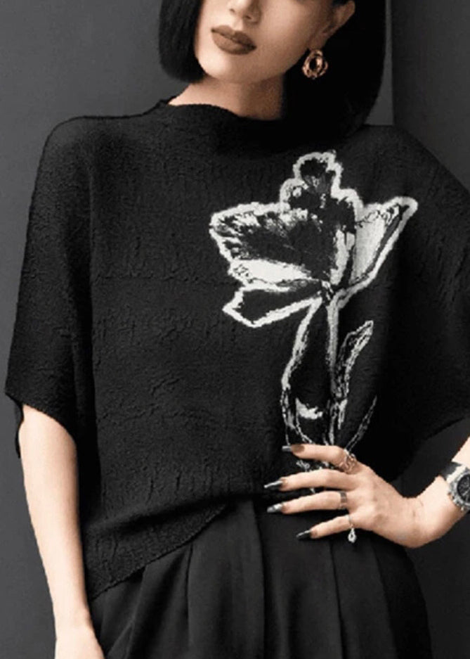 Beige Print Wrinkled Cotton T Shirts Batwing Sleeve