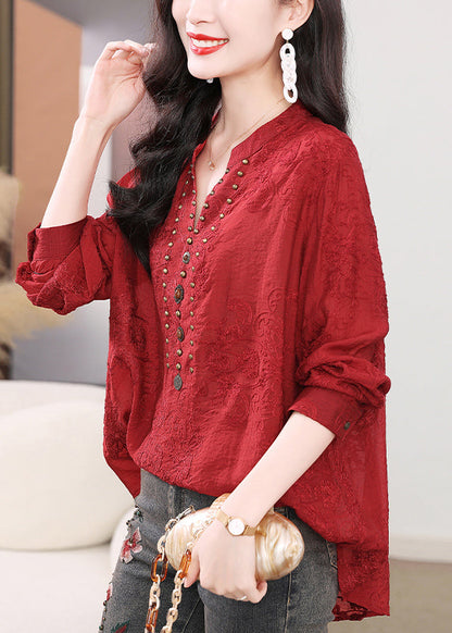 Purple Embroidered Nail Bead Cotton Shirts Long Sleeve