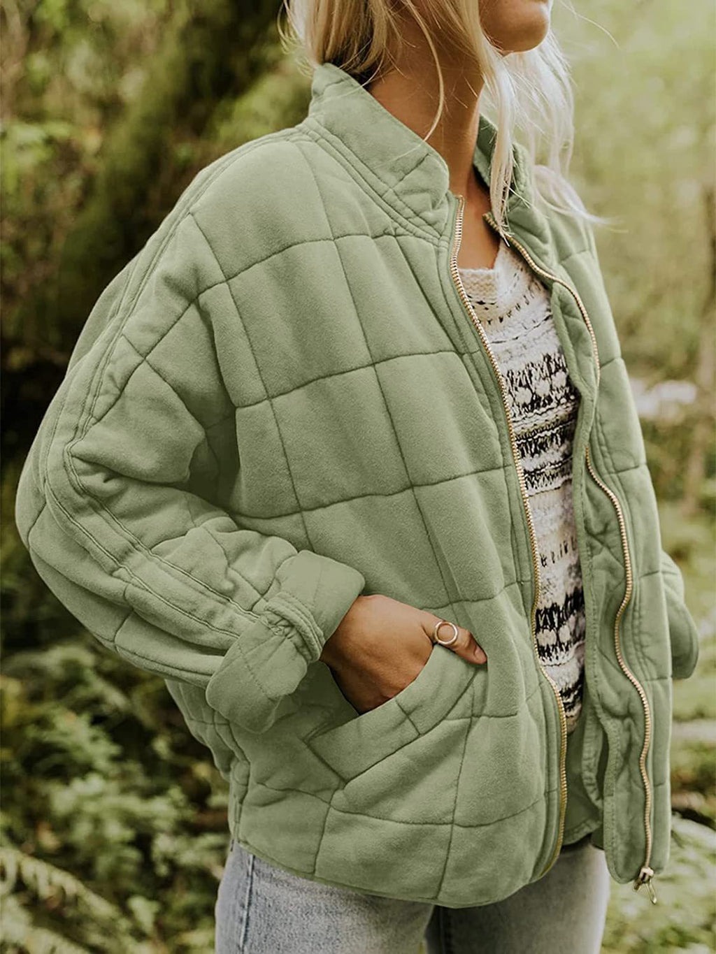Stand collar padded loose pocket jacket