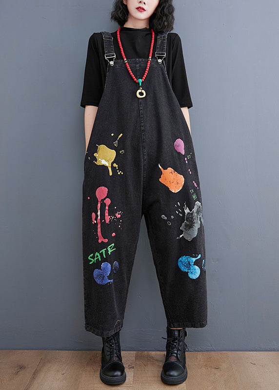 Black Painting Print Denim Jumpsuit Spring