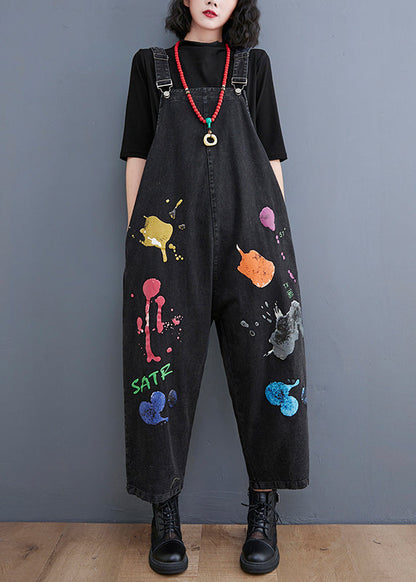 Black Painting Print Denim Jumpsuit Spring