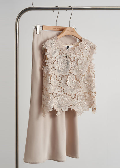 Apricot Embroidered Lace Vests Sleeveless